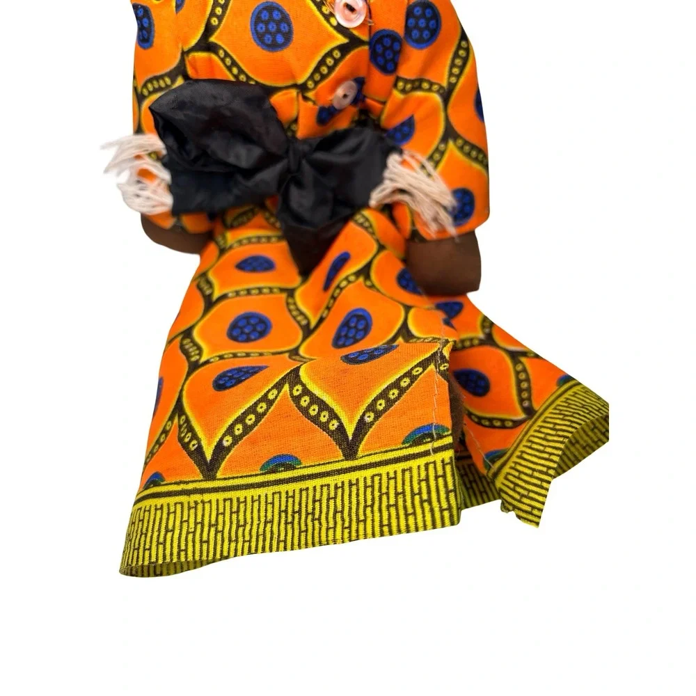 VTG Handmade African Folk Art Cloth Doll Orange Geometric Dress‎ Beaded Necklace